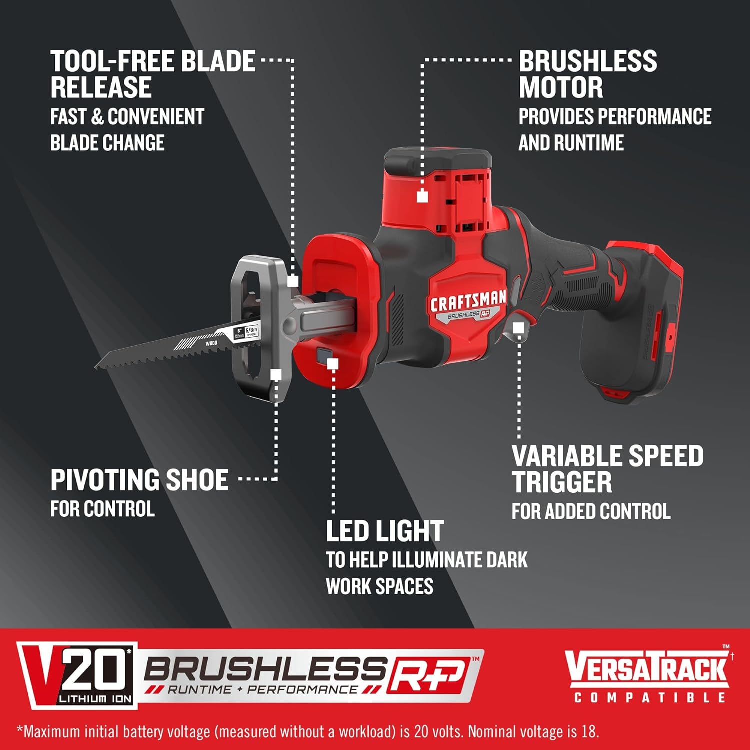 CRAFTSMAN V20 Cordless Reciprocating Saw, 2,800 SPM, Bare Tool Only (CMCS340B)