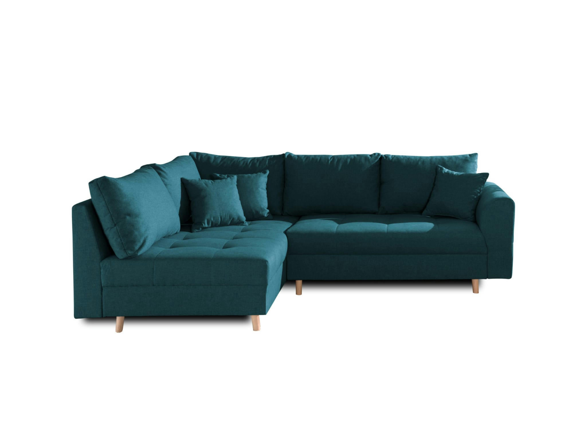 RUNE - Canapé d'angle gauche convertible 4 places en tissu bleu canard