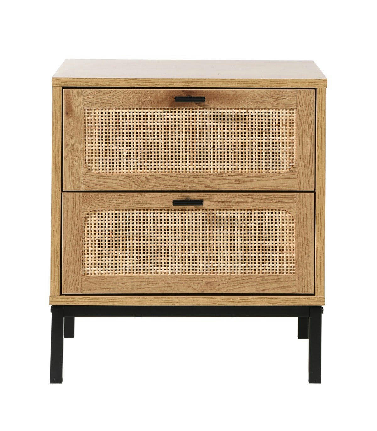 JAYA - Chevet 2 Tiroirs Aspect Chêne avec Cannage Rotin - H51cm
