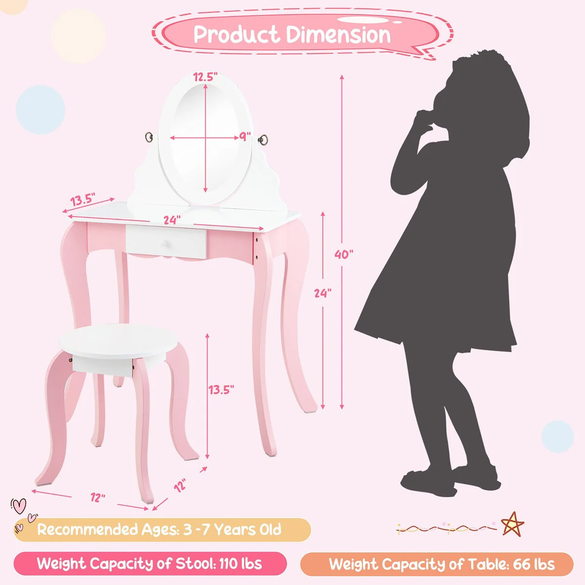 Gymax Pretend Kids Vanity Set Makeup Dressing Table 2-in-1 Mirror &