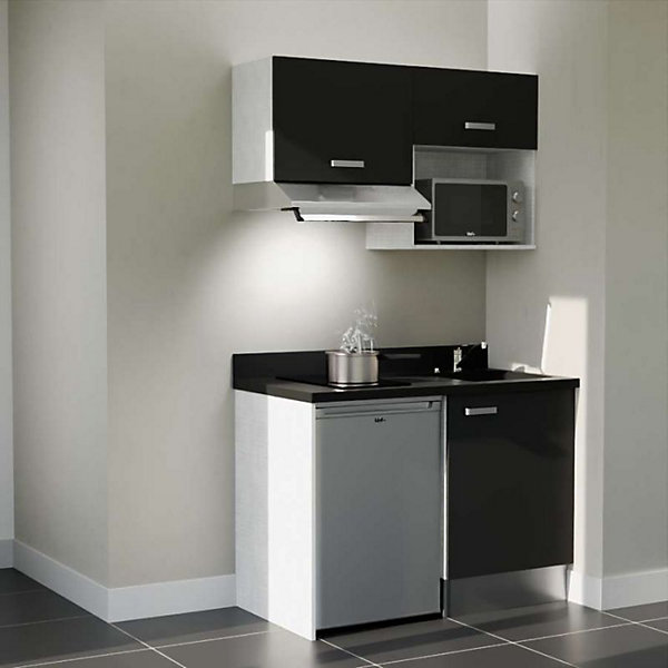Kitchenette K02 - 120 cm - façades Noir - Plan monobloc en quartz coloris Nero évier à droite - Electroménager Inox
