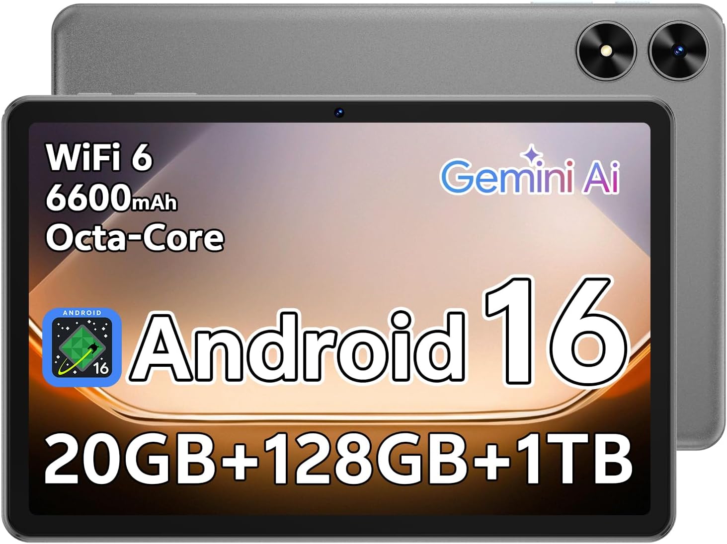 Android 16 Tablet 10.1 inch Tablet with Octa-Core Processor, 20GB RAM 128GB ROM 1 TB Expandable, 1280x800 HD IPS Touch Screen, GPS, 8H Battery, WiFi 6, BT 5.2, Dual Camera (Gray)