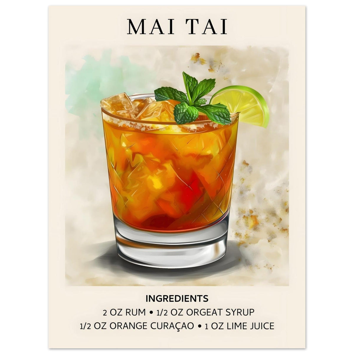Artfulprints Poster Mai Tai Cocktail - Ingrediënten  - 30x40 cm - Meerkleurig