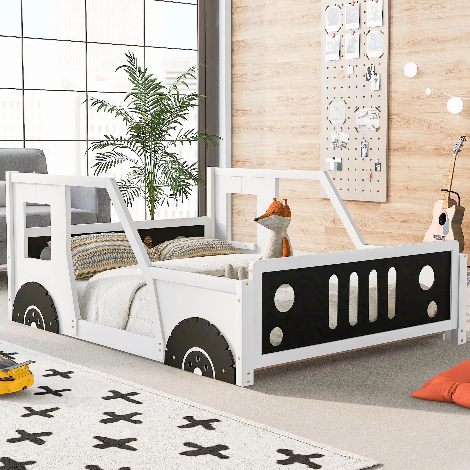 Full Size Car-Shaped Bed with Sturdy Wood Frame and Decorative Wheels