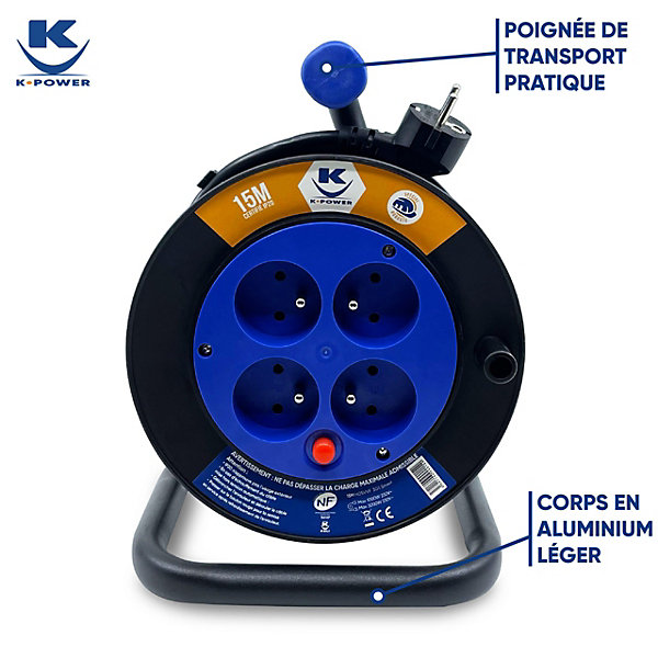 Enrouleur 15M 3G1.5 IP20 avec 4 Prises à Clapet, Robuste et Idéal pour Usage Intensif en Intérieur