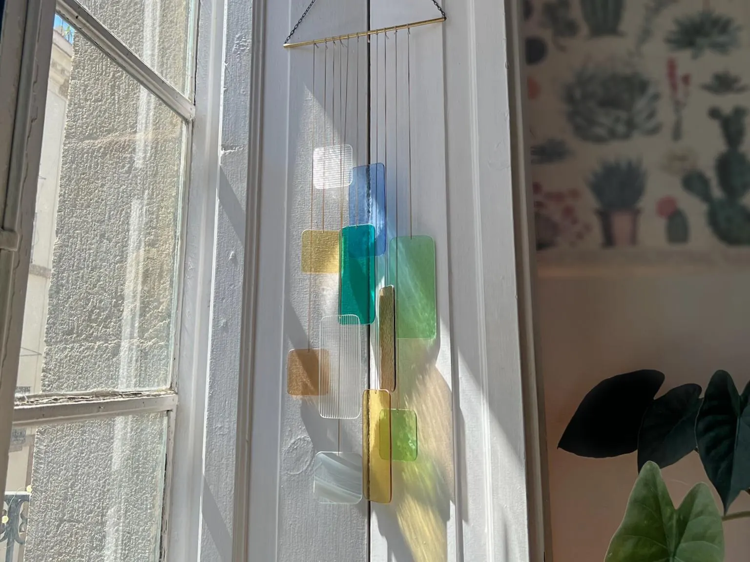 Retro Chromatic Installation: Handmade stained glass hanging • Colorful window décor • Retro-inspired glass mobile