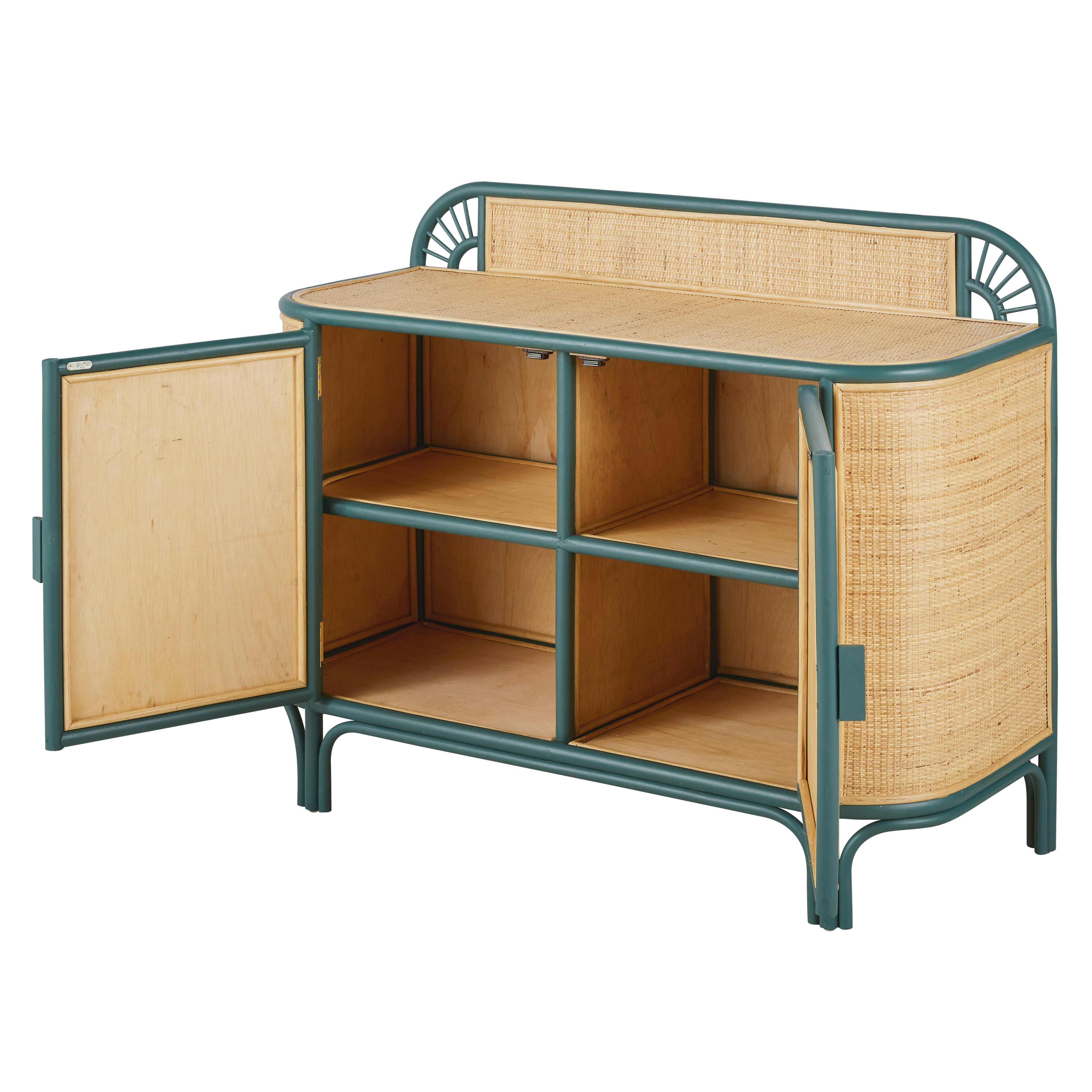DABALI - Buffet 2 portes vert foncé et rotin tressé