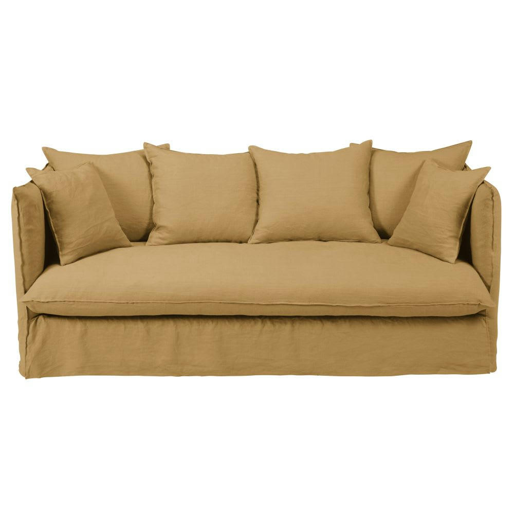 Louvain - Housse de canapé convertible 3/4 places en lin froissé ocre