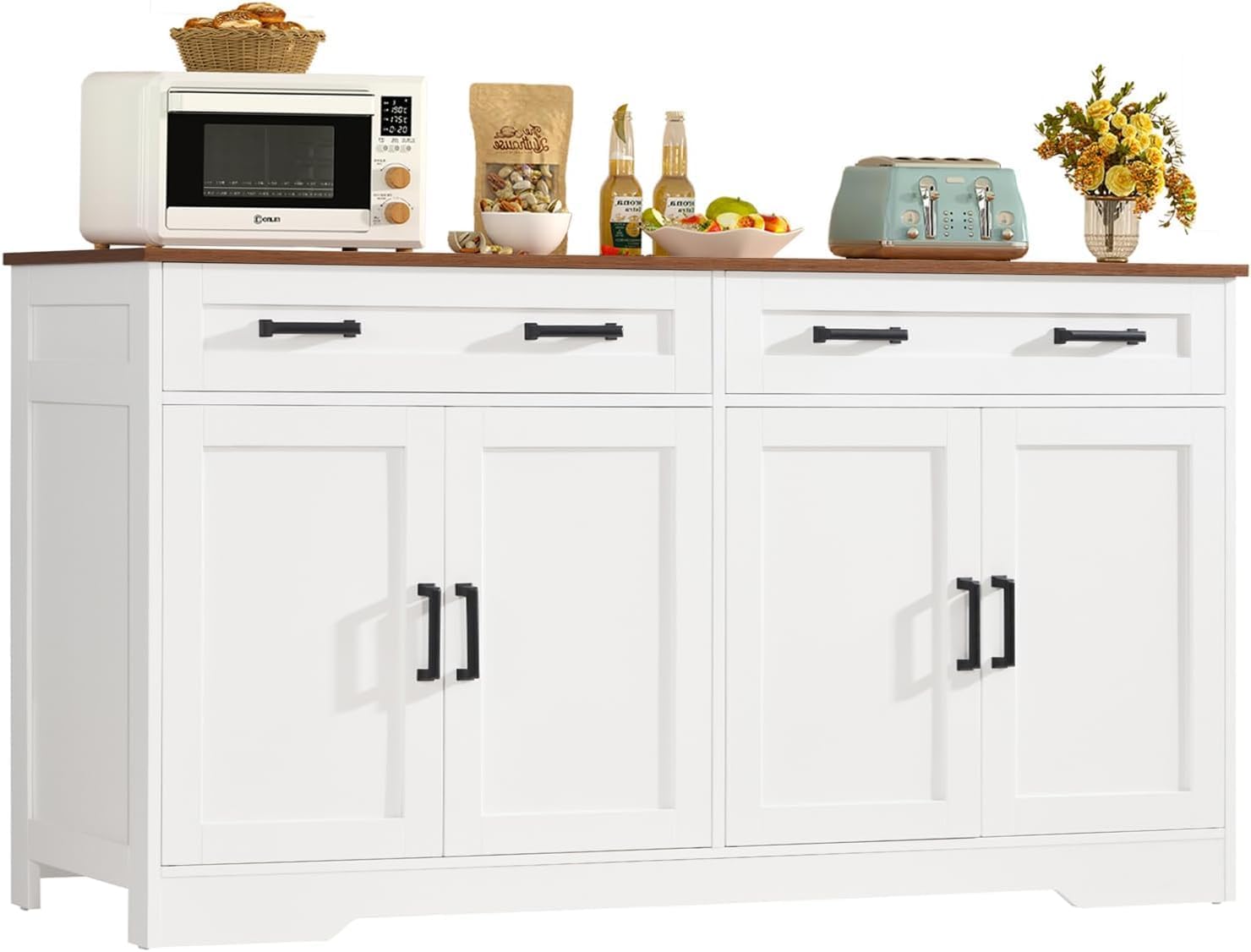 usikey Buffet Cabinet with Storage and Drawers, 55 Large Sideboard Buffet Cabinet with Adjustable Shelves and Doors, Modern Coffee Bar for Kitchen, Living Room, White