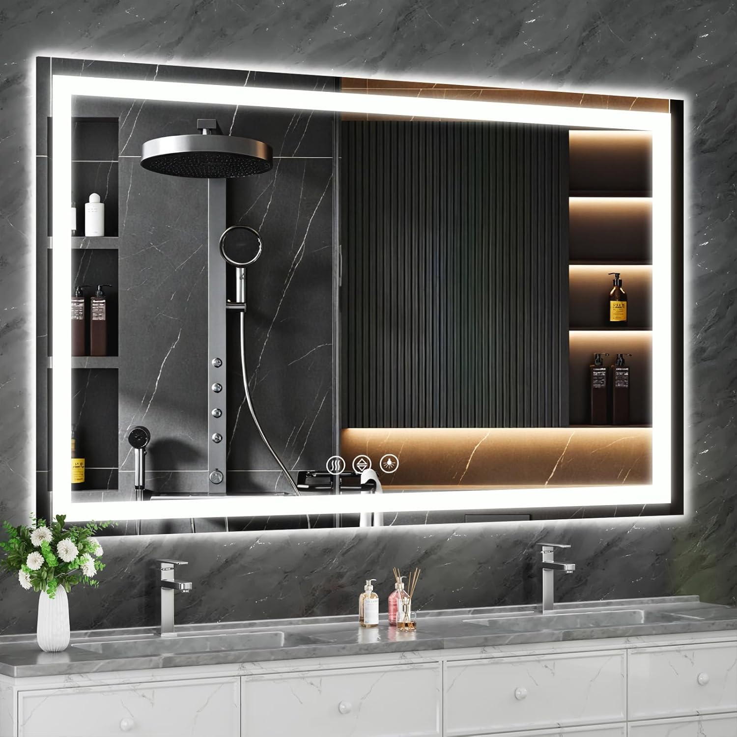 Koonmi 60x36 LED Mirror for Bathroom, 90CRI Anti-Fog Vanity Mirror with Front and Backlight, Shatter-Proof Wall Mirror with Light, Easy Install Lighted Mirror for Modern Bathroom (IP65)
