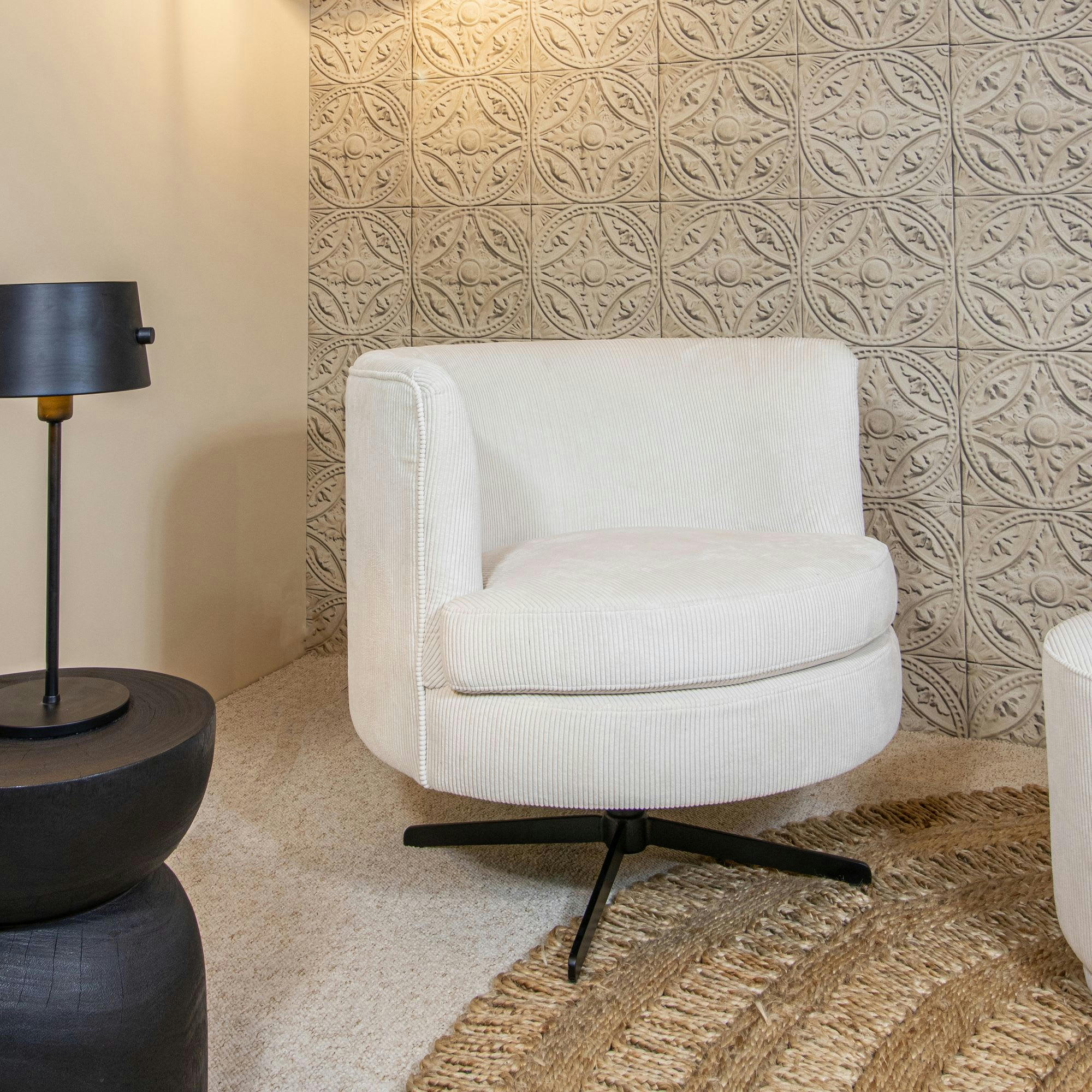 CASPER - Fauteuil pivotant en velours cotelé écru