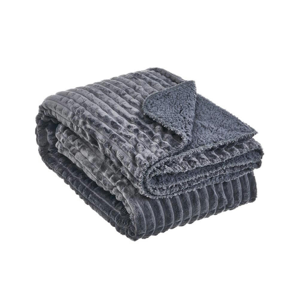 - Plaid flanelle et fausse fourrure sherpa gris 125x150cm