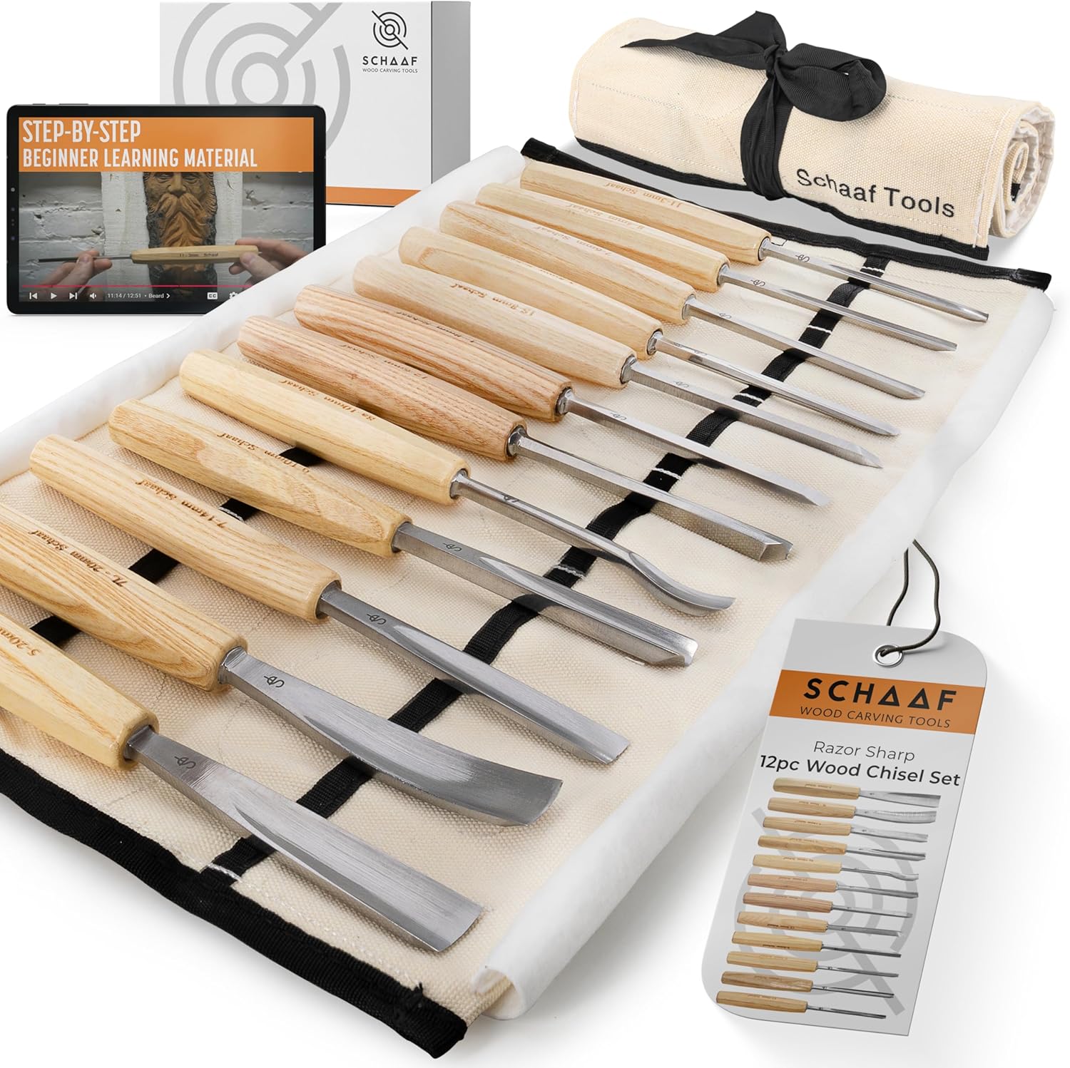 Schaaf Wood Carving Tools Set of 12 Chisels with Canvas Case | Wood Carving Chisels with Razor Sharp CR-V 60 Steel Blades