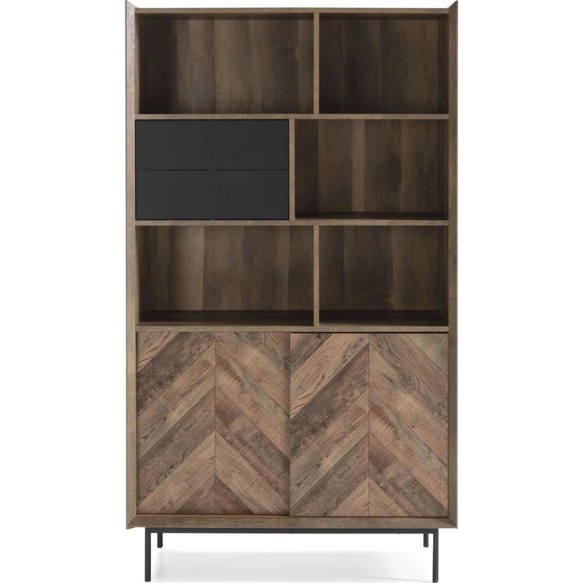 MARIO - Bibliothèque 2 portes 6 niches noir / effet chêne à chevrons 98 cm