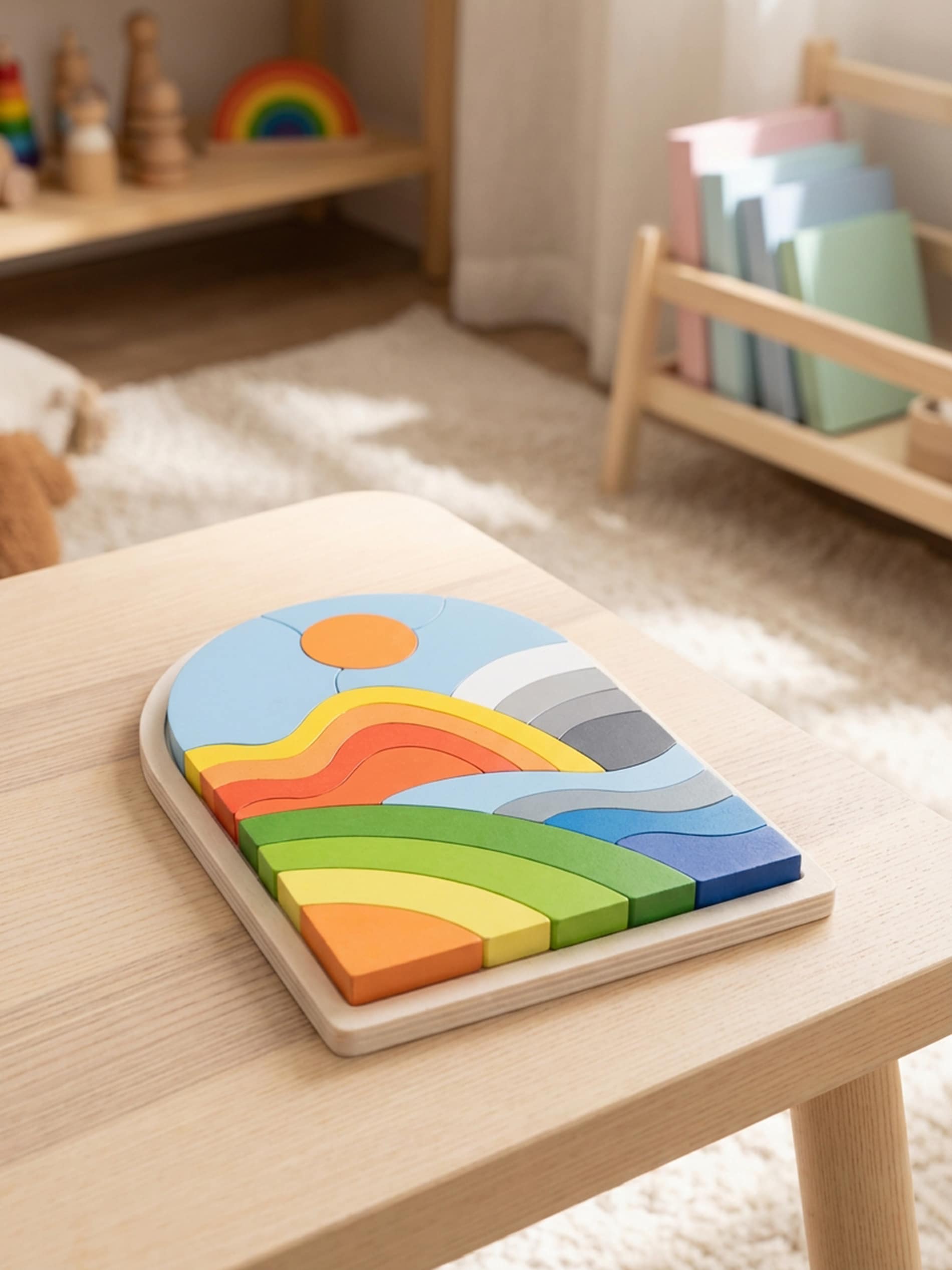 Puzzle z motywem tęczy i krajobrazu