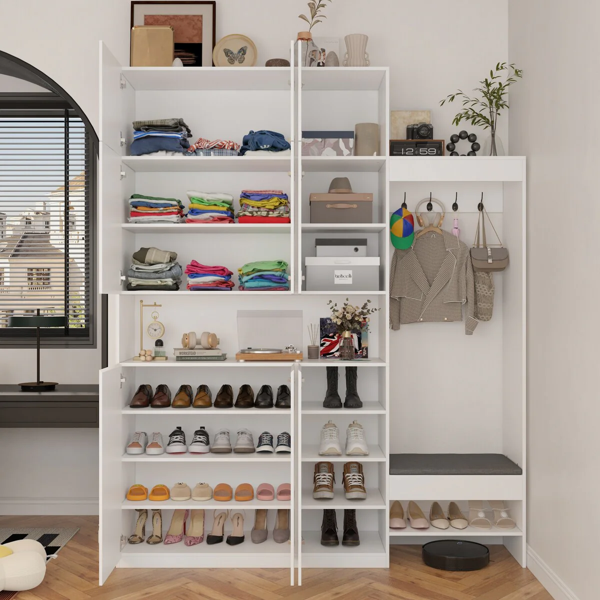 Entryway Storage Cabinet with 9 Doors, Bench, and Coat Hooks
