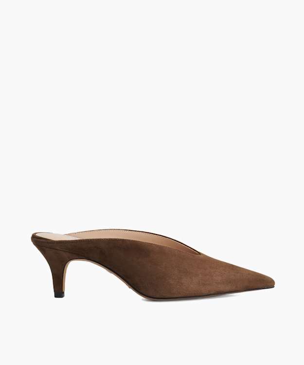 Decisive Brown - Pointed Toe Kitten Heel Leather Mules