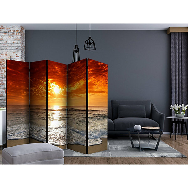 Paravent Panoramique Scène de Plage au Couchant Intense 225 x 172 cm Blanc et Rouge