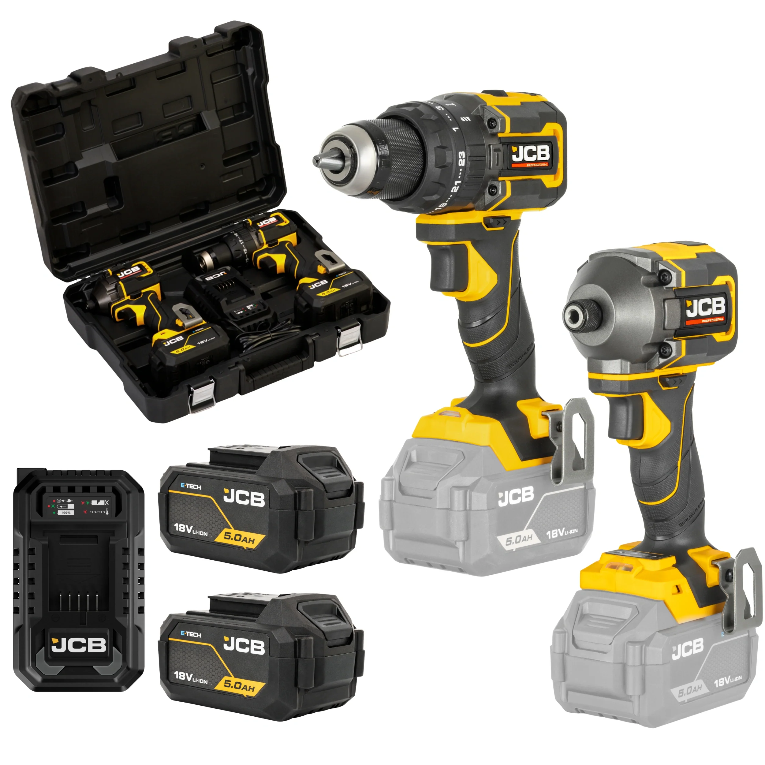 JCB Professional 18V Zestaw: Wiertarko-wkrętarka Udarowa 75Nm, Zakrętarka 230Nm, 2x 5.0Ah, Ładowarka