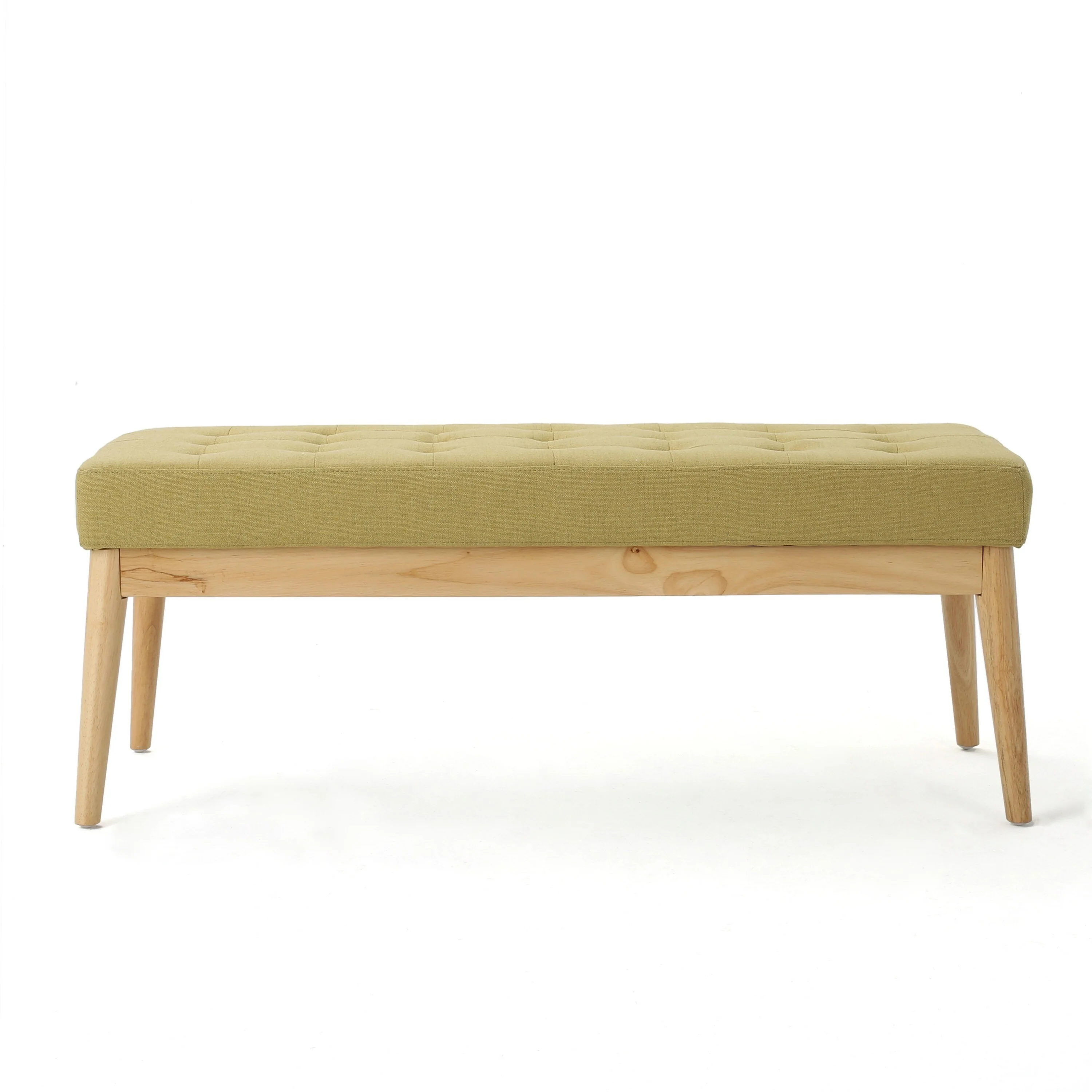 Gisa Ottoman Bench, Yellow Fabric, Tufted Seat, Brown Wood, 44 Inch
