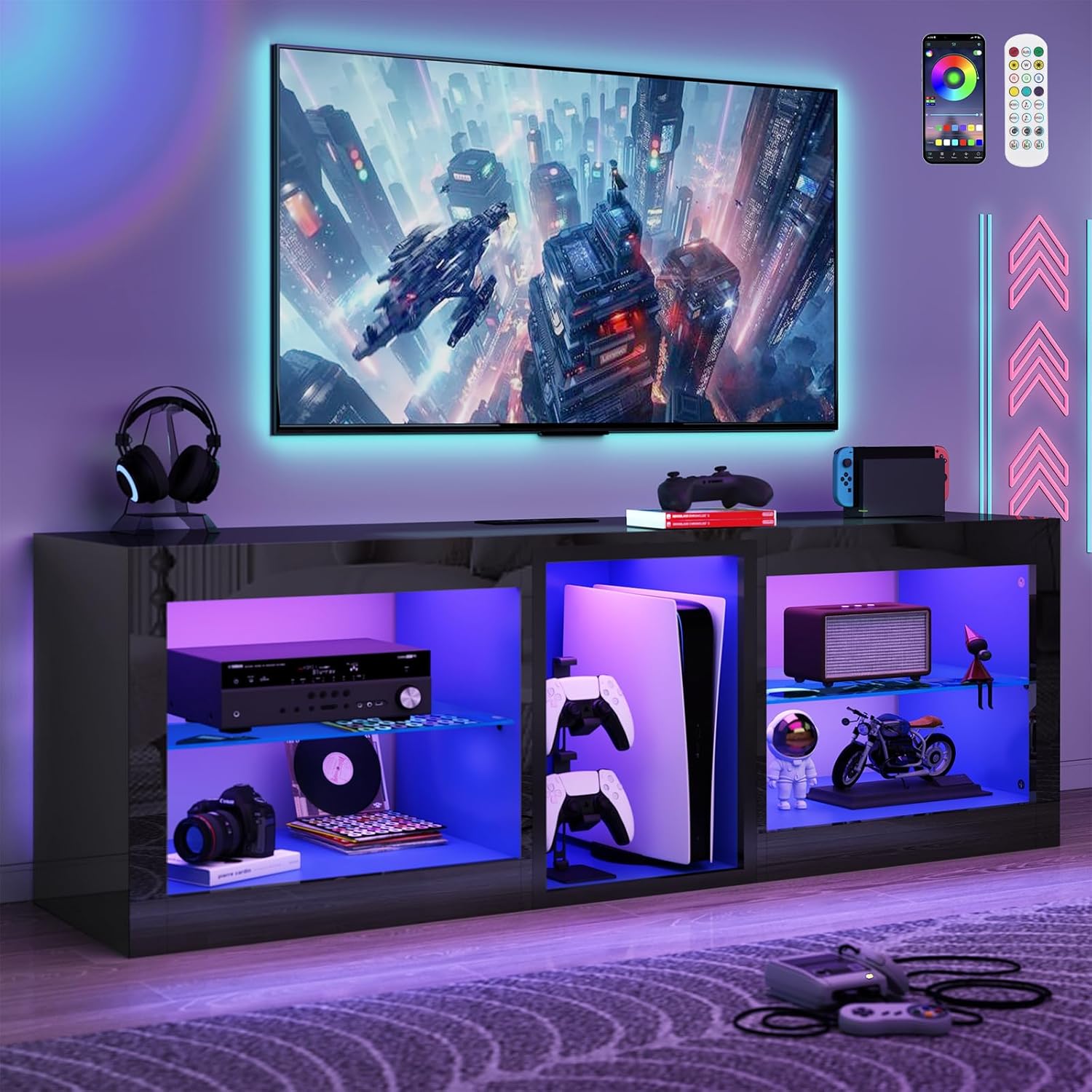 chartustriable LED TV Stands W/Power Outlet for 65 70Inch TV,63 Modern Entertainment Center W/7000-Colors Light for P S 5,High Gloss TV Console w/Adjustable Shelves for Living Room Gameroom(Black)