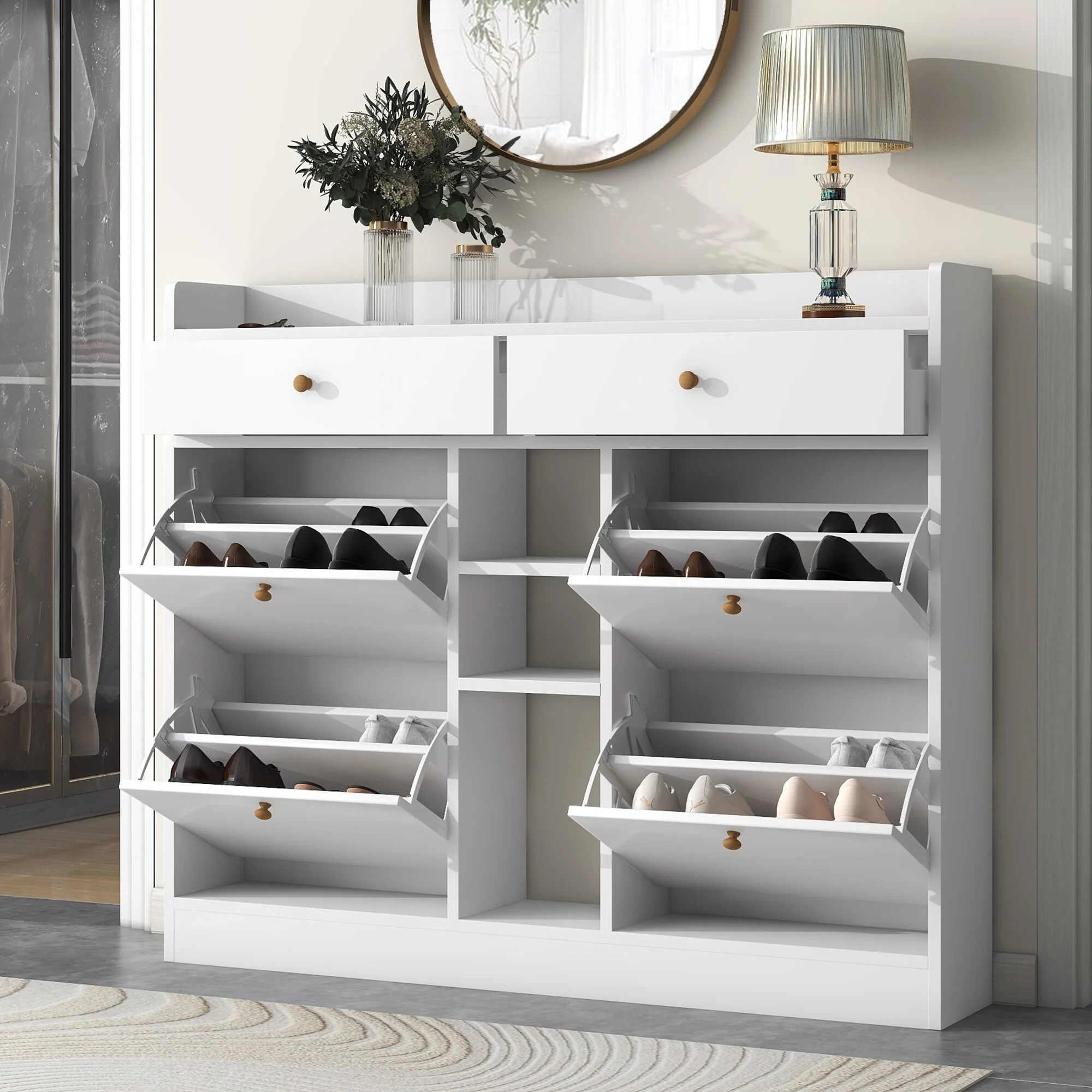 Large Flip Down Shoe Cabinet with Drawers, 2-Tier Wood Shoe Storage Organizer, Entryway Free Standing Narrow Shoe Rack