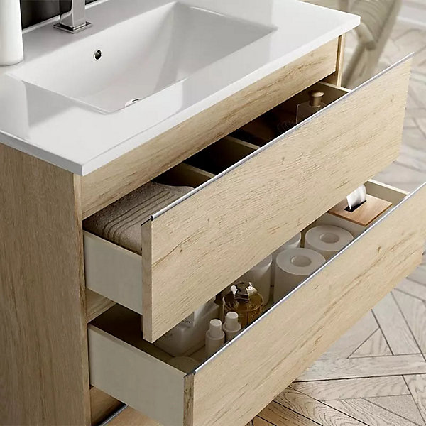 Meuble sous vasque seul, 2 tiroirs, 80cm, simple vasque - bambou (chêne clair) - BALEA