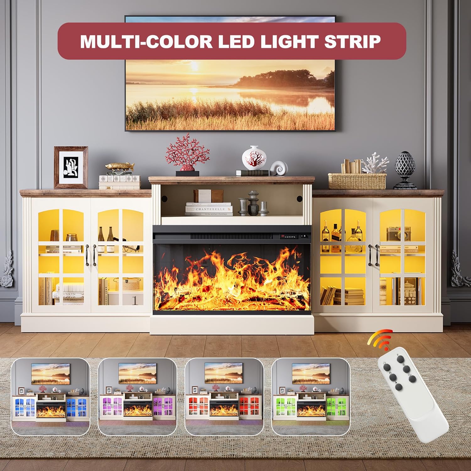 97 Fireplace TV Stand with 36 Electric Fireplace, Farmhouse Entertainment Center for TVs up to 100, Media Console Table with Large Storage Cabinets, for Living Room, White