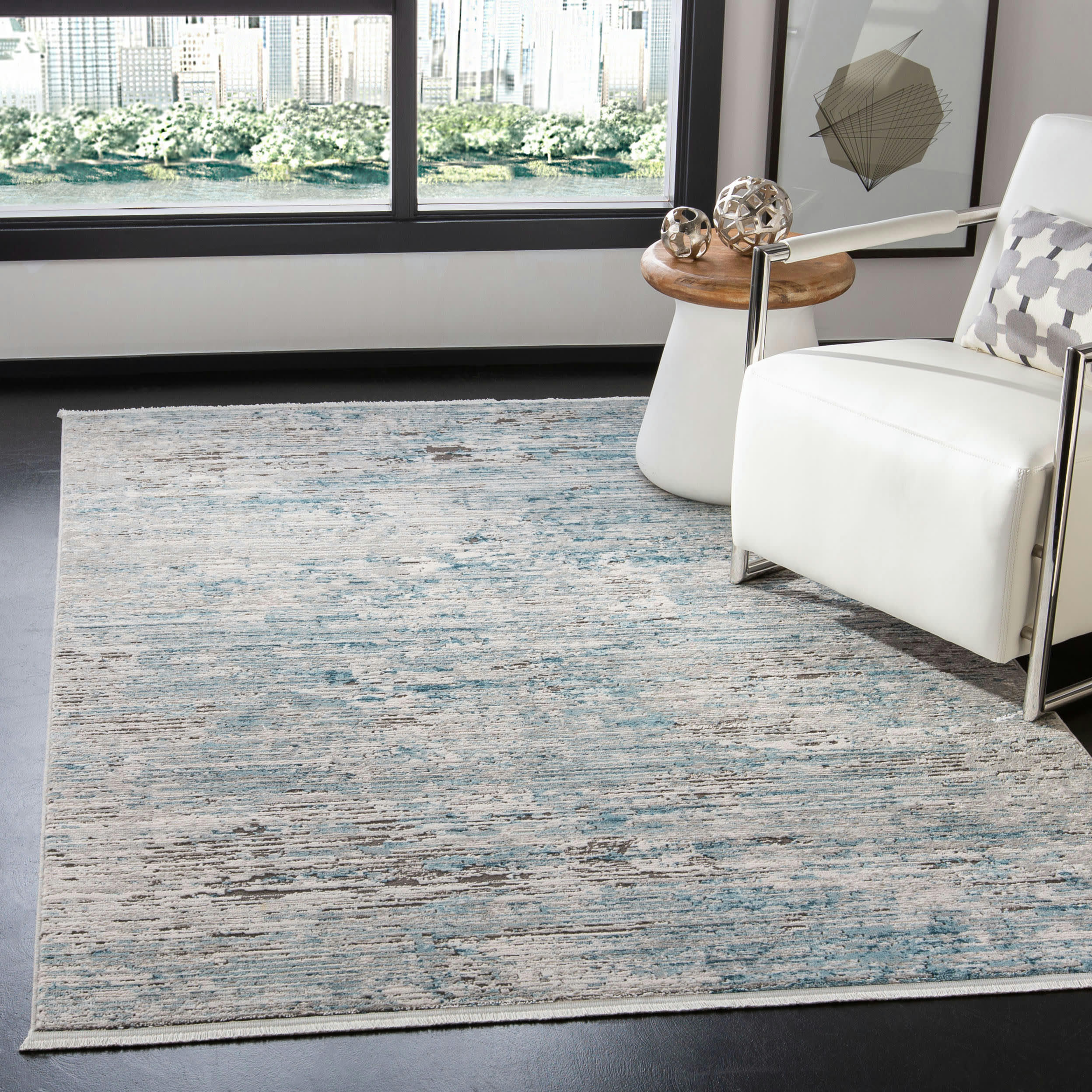 SHIVAN - Tapis de salon interieur en bleu & gris, 122 x 183 cm