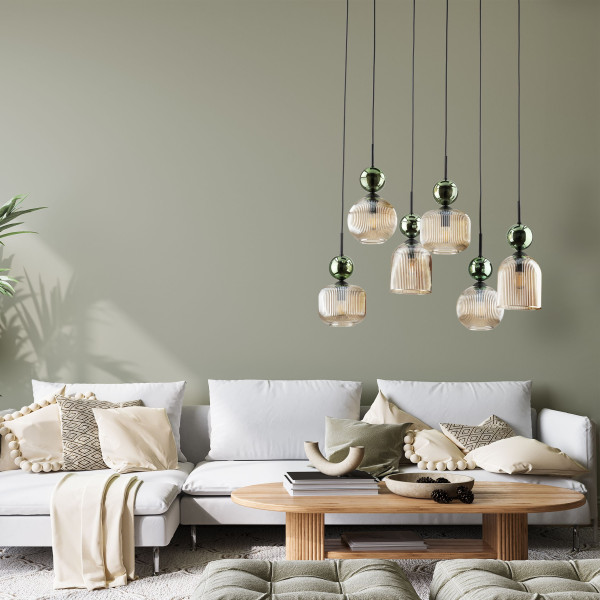Lampa Wisząca Tk Lighting Sophia Zielona Kulka Koniakowe Klosze Ryflowane