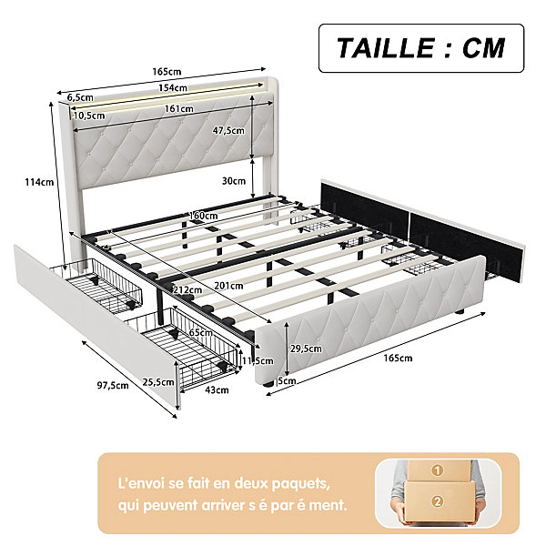 Lit Coffre 160x200 cm avec éclairage LED et Charge USB, Lit simple Rembourré avec 4 tiroirs, Sommier à Lattes, Velours, Beige