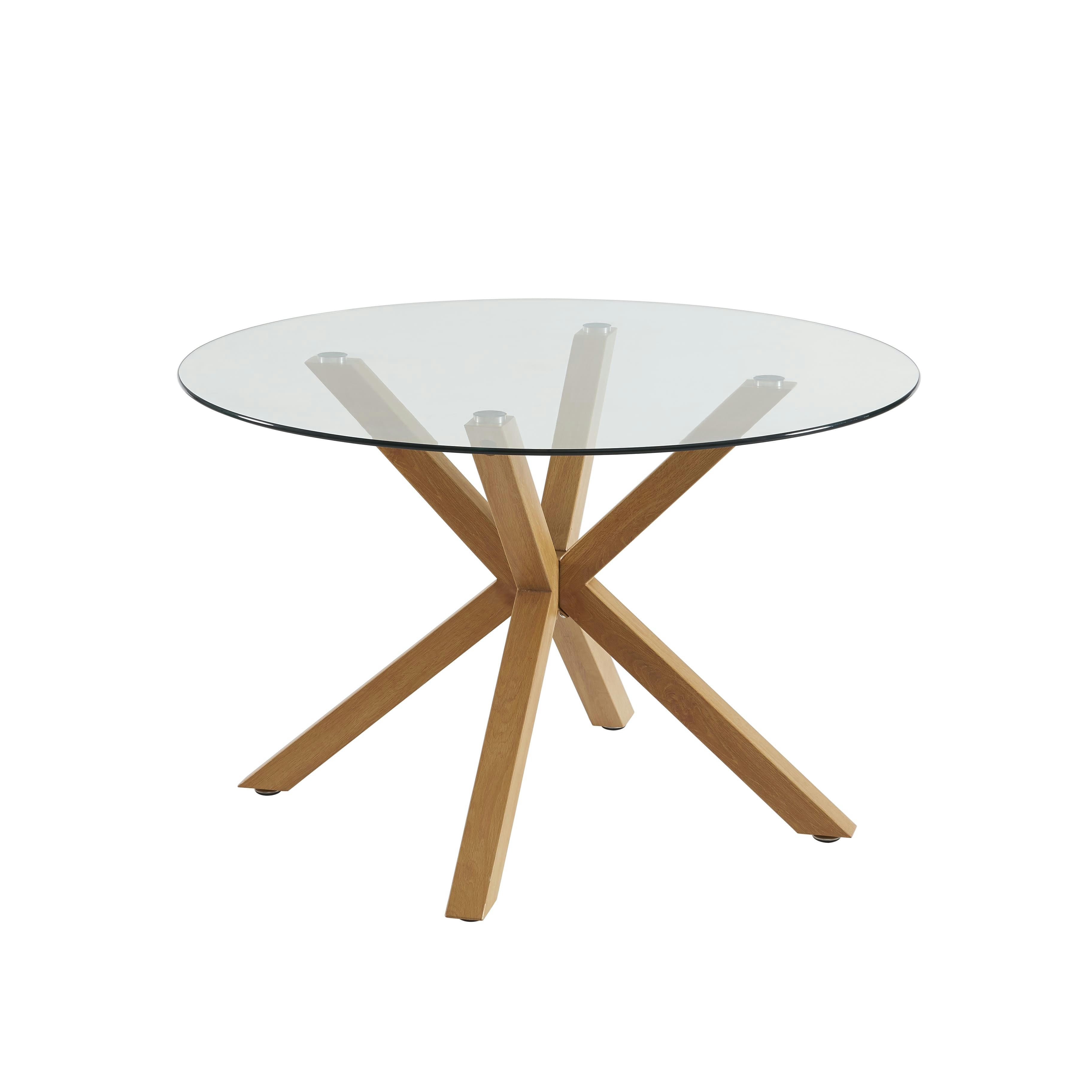 HARRY - Table à manger ronde  verre et effet bois et chêne 120cm transparent