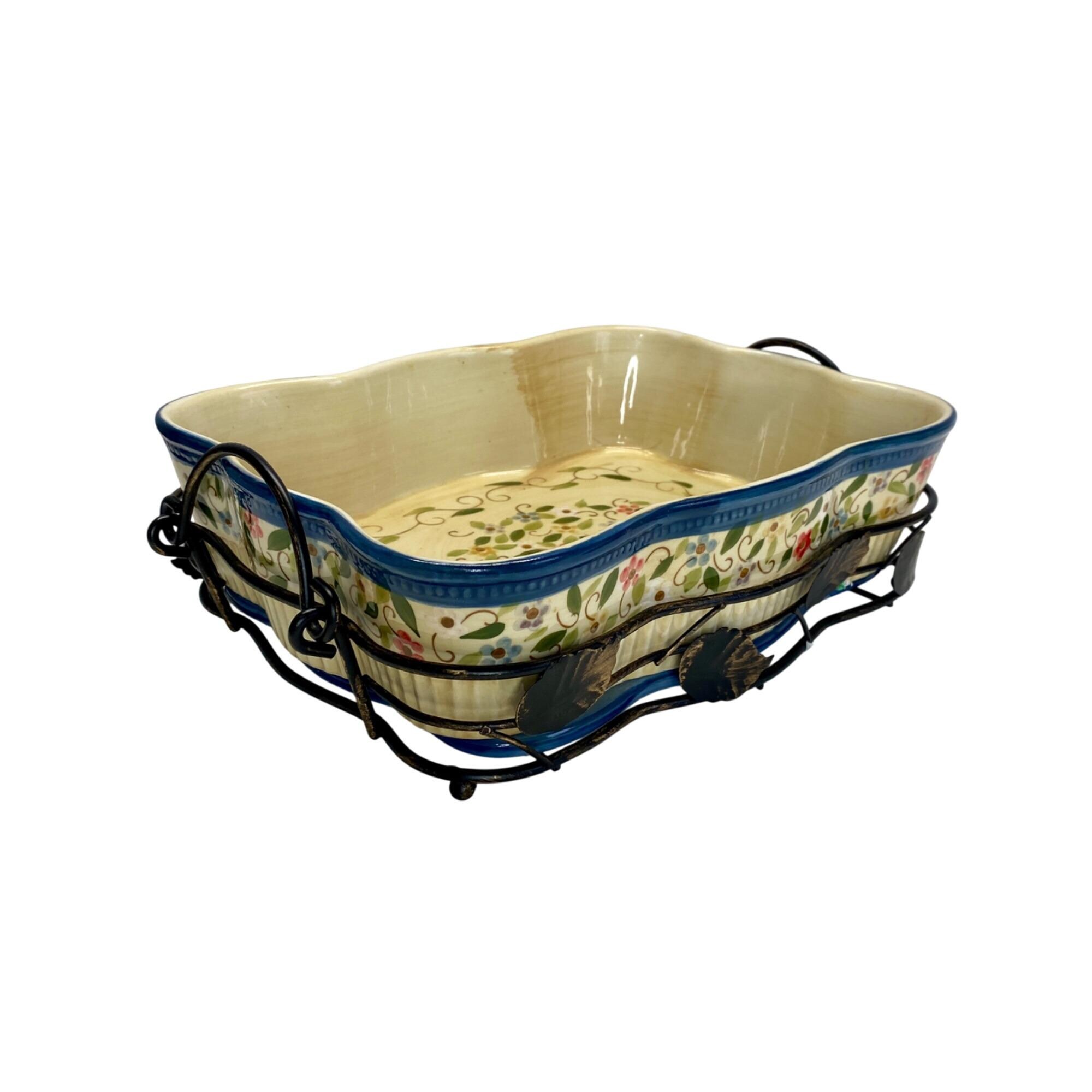Temptations Ceramic Baking Dish With Metal Rack Floral Design Hand-Painted Oven Safe Decorative Bakeware
