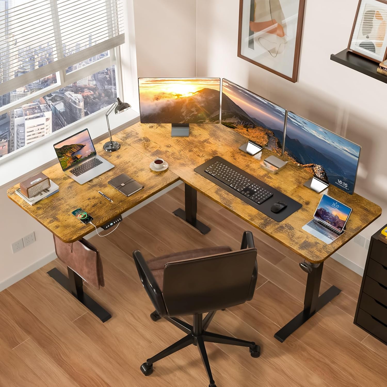 63 x 55 inch L Shaped Standing Desk, Corner Computer Desk, Electric Adjustable Height Stand Up Table, L Sit Stand Desk for Home Office Gaming, Rustic Brown