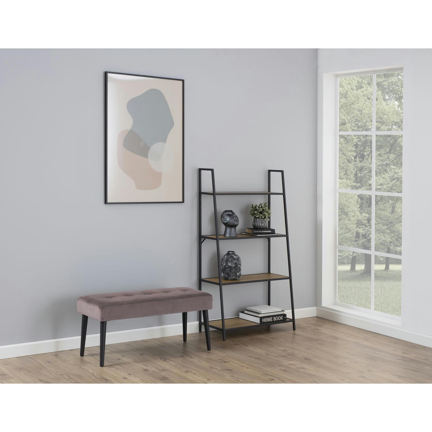 BELLA - Banc 2 placesa en métal et tissus effet velours rose