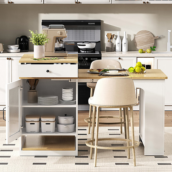 Îlot de Cuisine Extensible avec Plateau Amovible et Prise Intégrée, desserte Mobile avec Rangement, MDF, 80x71-151x92 cm, Blanc