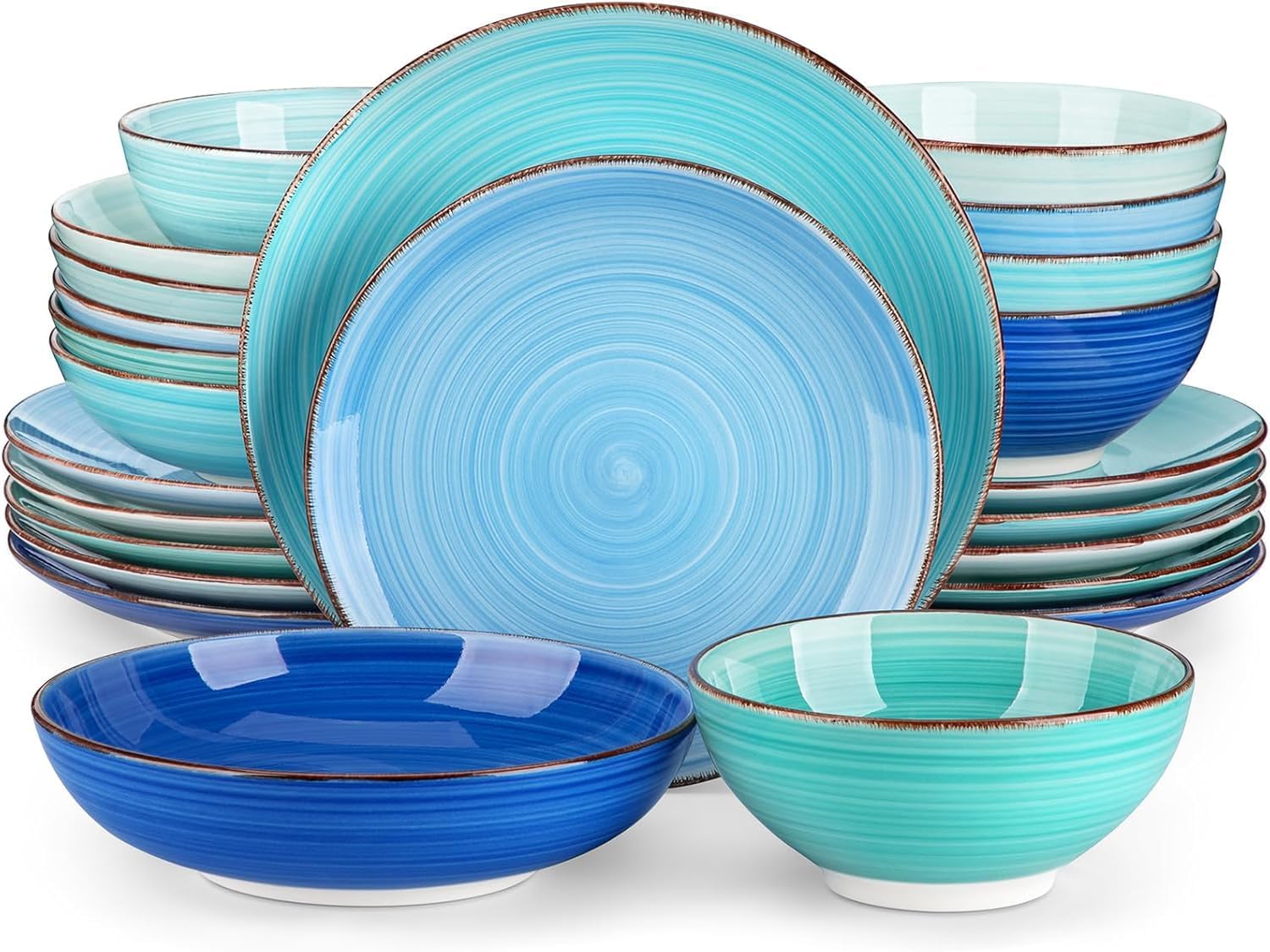 vancasso Bonita Stoneware Dinnerware Sets 24 Pieces Service for 6, Hand-Painted Spiral Dishes Set, Ceramic Kitchen Plates and Bowls Sets-Microwave and Dishwasher Safe (Blue,24 Pcs)