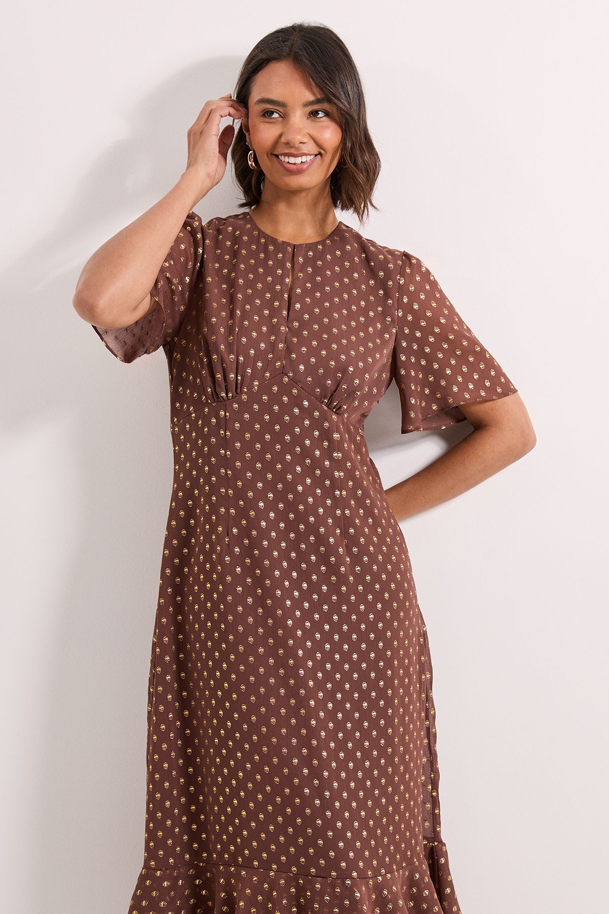 Dorothy Perkins DP Luxe Metallic Spot Chiffon Ruffle Hem Midi Dress