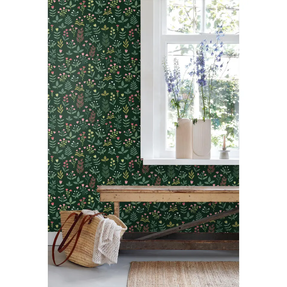 ESTAhome behang veldbloemen donkergroen en roze - 50 x 900 cm