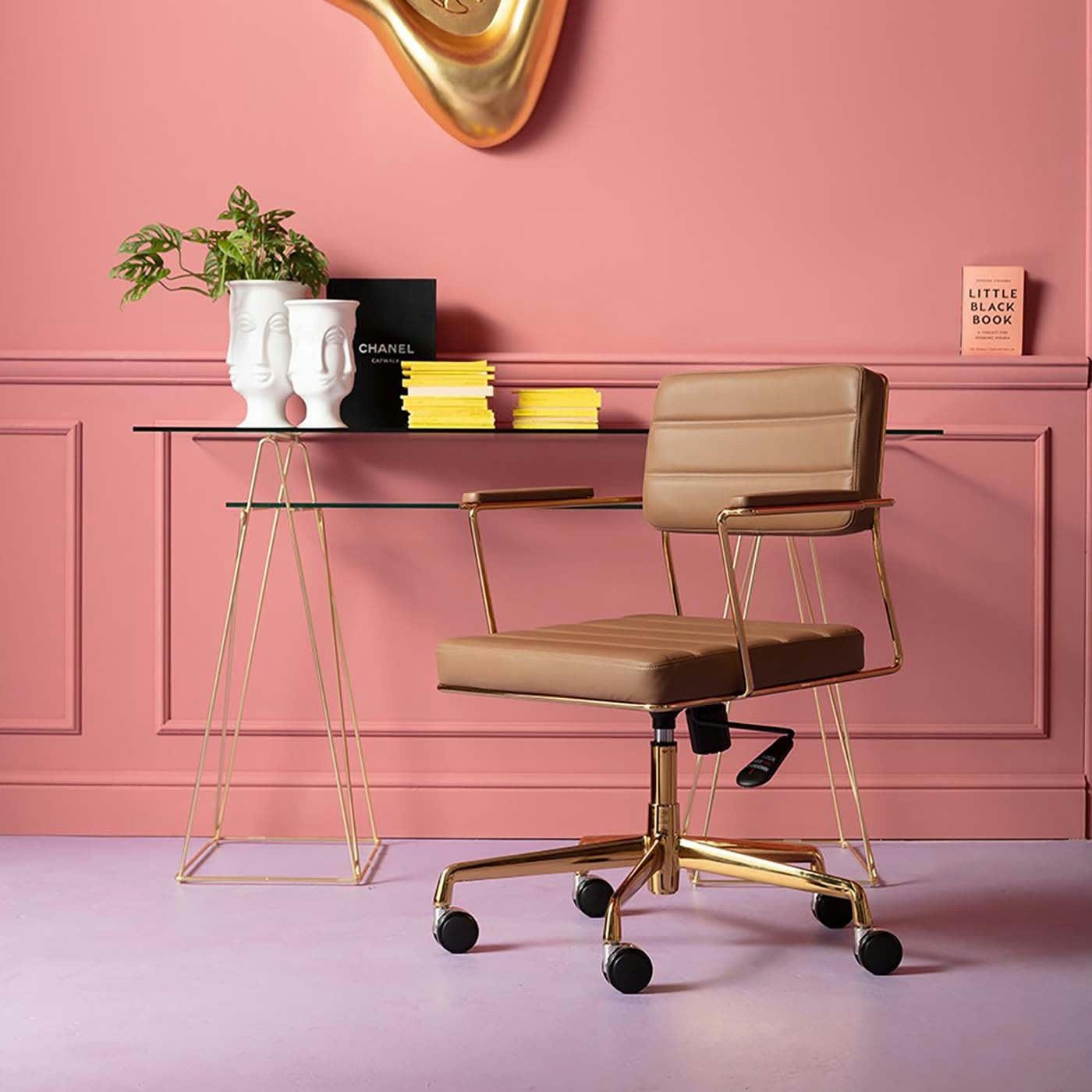 DOTTORE - Chaise de bureau réglable à roulettes marron et acier doré