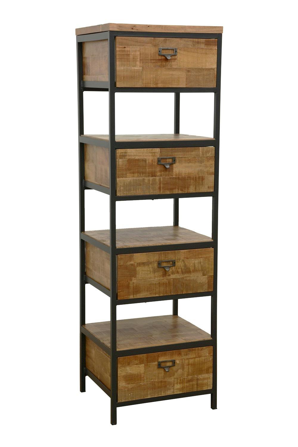 Colonne 4 tiroirs, 3 niches ouvertes en Hévéa recyclé naturel et métal 45x40x150cm LOFT