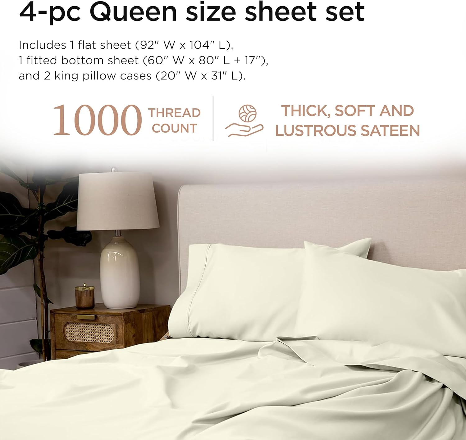 Threadmill Supima Cotton Sheets - Queen, 1000 Thread Count, 4 Piece Luxury Bedding Set, Hotel Quality Sateen Weave, Ivory with Elasticized Deep Pocket