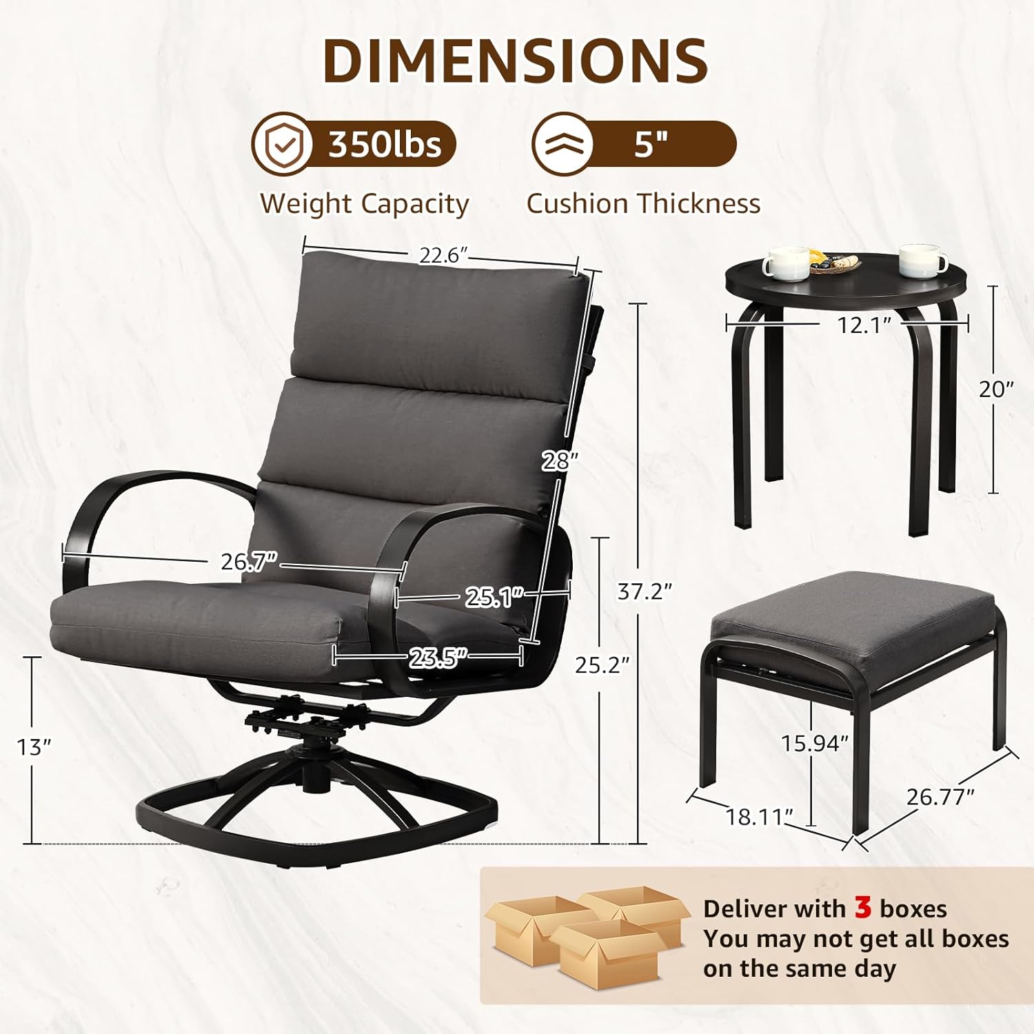NATURAL EXPRESSIONS Patio Furniture Set, 5 Pieces Outdoor Swivel Rocker with Ottoman, High Back, Deep Seating with 5 Olefin Cushion, Patio Rocking Chairs for Porch, Backyard (Dark Grey)
