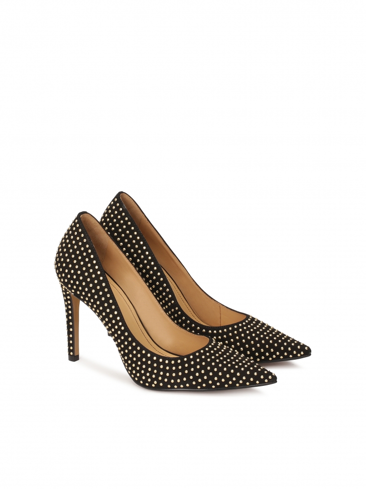 Black suede pumps with gold rivets