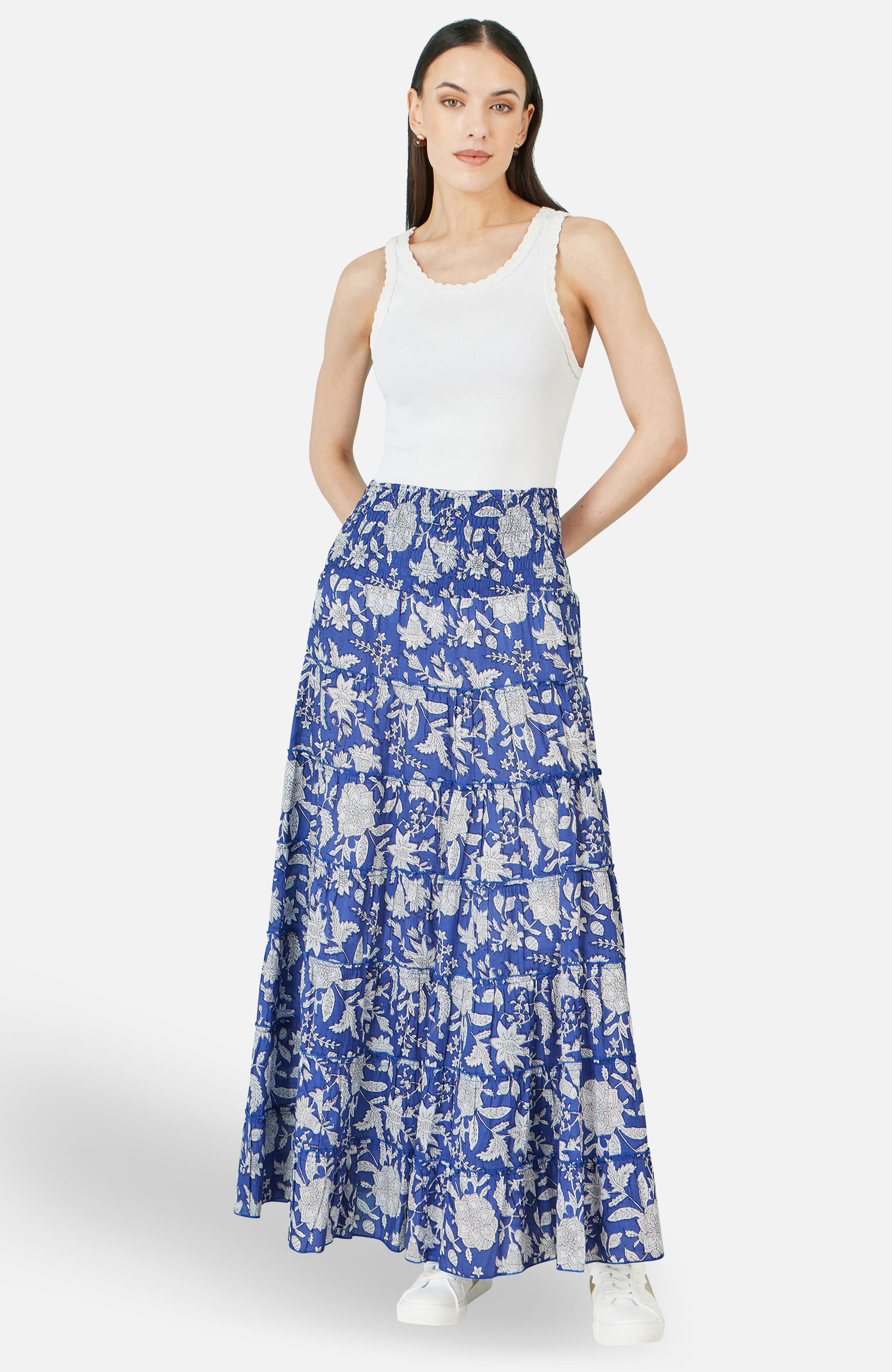 Yumi Blue Floral Cotton Tiered Maxi Skirt