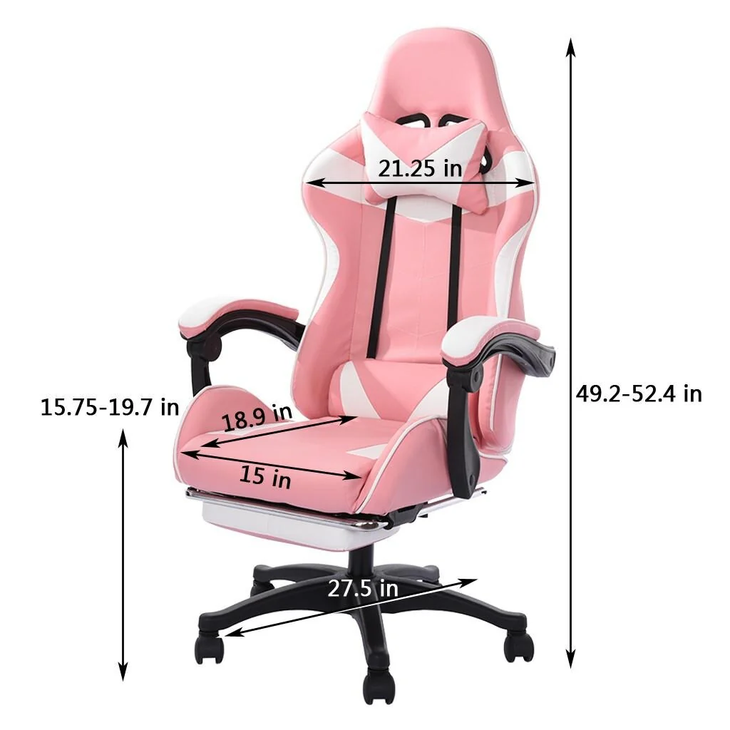 Gaming Chair With Footrest Adjustable Backrest Reclining Leather (Pink)