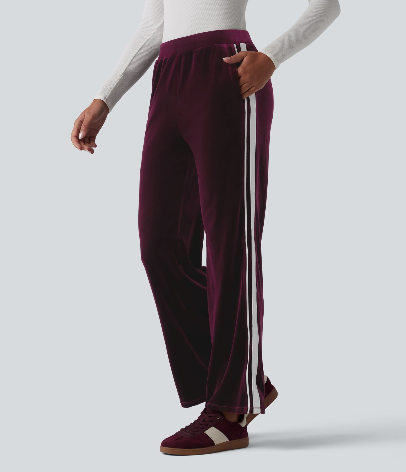 Pantalon évasé en velours taille basse color block à rayures avec poches