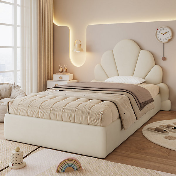 Lit 90x200 cm avec tête de lit en pétales rembourrée, velours beige, design moderne et élégant