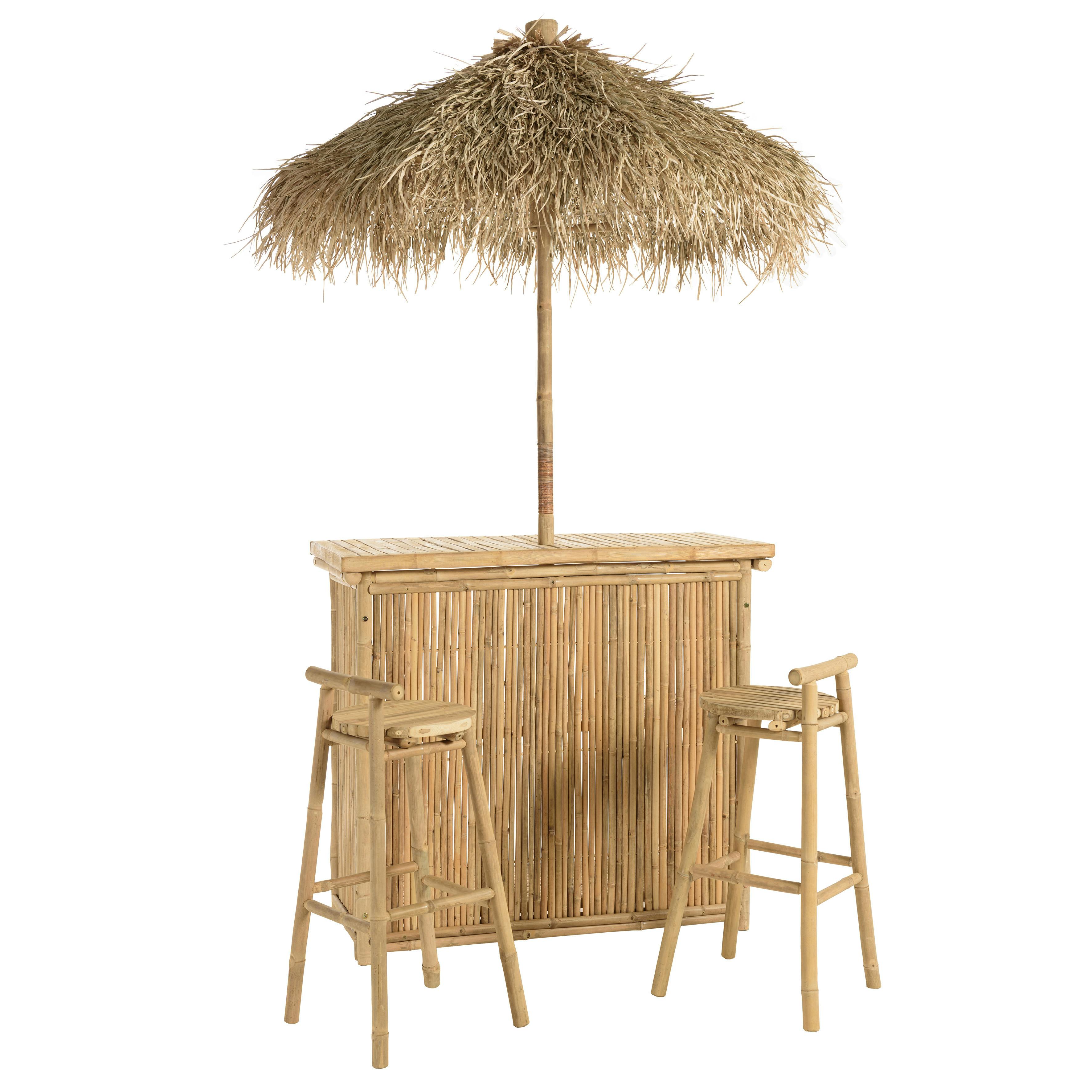 Ensemble bar, parasol et 2 tabourets avec dossier bambou