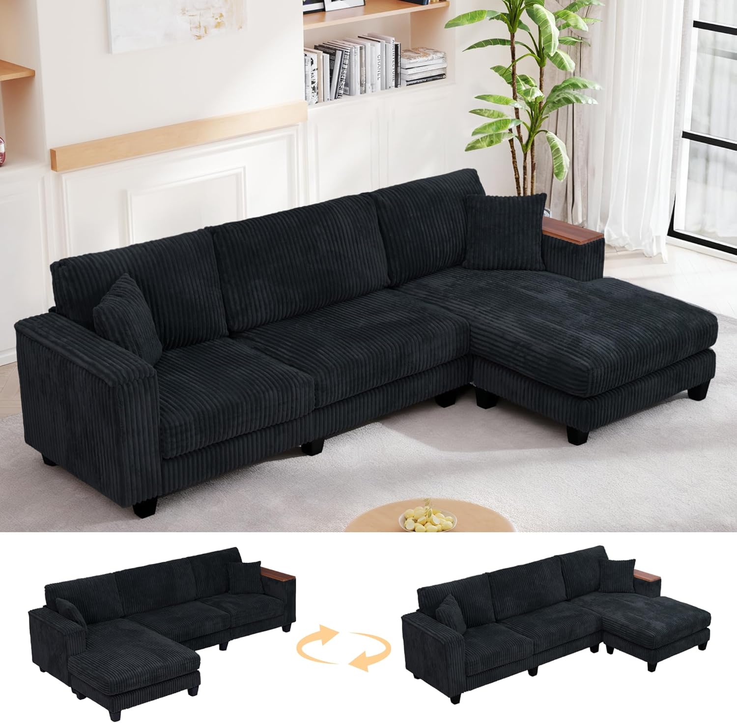 114.5 Corduroy Sectional Sofa with Armrest Storage & Reversible Chaise, Comfy L Shaped Sofa 4 Seat Sectional Couch, Modern Upholstery Couch with Removable Covers, for Living Room, Apartment, Black